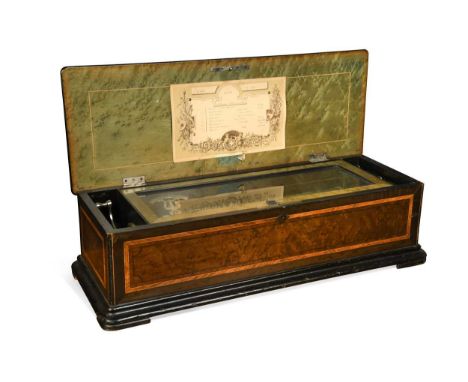 A Swiss musical box, 19th century,  the burr wood and ebonised case with 33cm crank wind cylinder playing 8 airs, a tune card