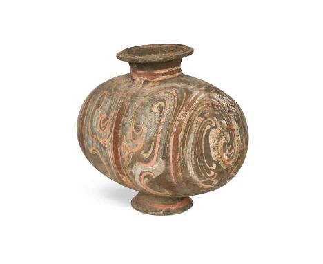 A Chinese painted pottery cocoon vase, probably Han Dynasty,  with banded and scroll painted detail 28 x 32cmslight chips on 