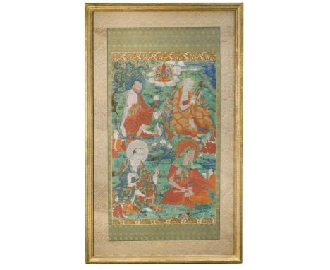 A Sino-Tibetan thangka, Qing Dynasty, late 18th early/19th century,  headed by the red Buddha Amitabha with four Arhats below