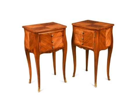 A pair of Louis XV style kingwood bedside cabinets, each with quarter-veneered serpentine tops, one with three drawers, the o