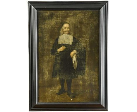 Follower of Gerard ter Borch  Portrait of a gentleman standing full length, in black, holding a kerchief oil on canvas 53 x 3