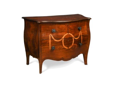 A serpentine fronted mahogany bombe commode, 19th century, comprising two drawers with ebonised handles and inlaid with a cen