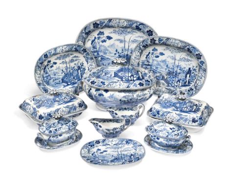 A Wedgwood blue printed earthenware ‘Bamboo’ pattern dinner service, early 19th century,  comprising four tureens, covers and