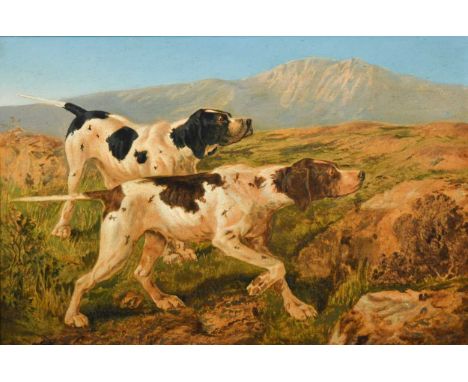 Edward R Breach (fl. 1868-1886) 'A Brace: Steady at the Point' - Two Pointers in a landscape signed indistinctly lower righto