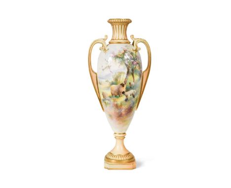 A Royal Worcester two-handled vase, circa 1910, of slender ovoid form, painted by Harry Davis with sheep beneath blossom fill