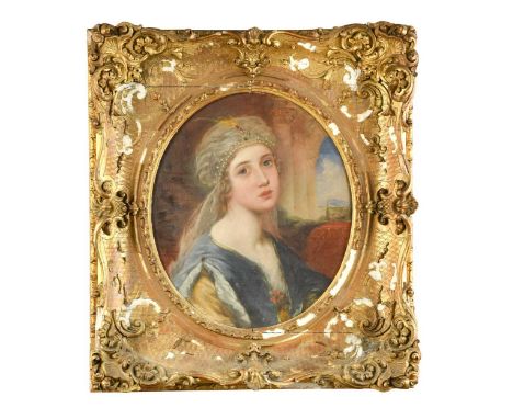 Charles Elder (1821-1851) Portrait of a lady in a pearl and feather decorated turban signed and dated 1850 centre rightoil on