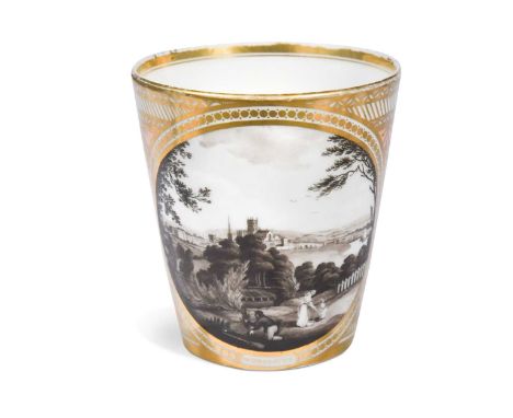 A Chamberlain Worcester beaker, circa 1795 – 1800, painted in sepia monochrome with a view of Worcester, with a gardener and 