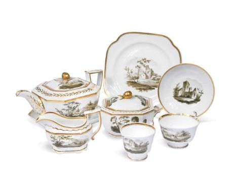 A Spode tea and coffee service, circa 1825,  painted in olive green with various landscapes, within gilt borders, marked ‘Spo
