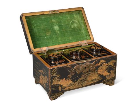A Japanese three-division gold and black lacquered tea caddy, 19th century,  with panels decorated with extensive lakeland sc