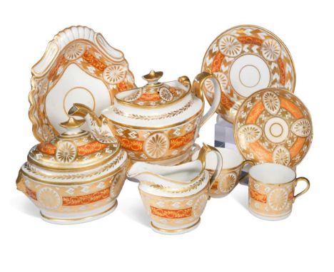 A composed Spode and Coalport tea and coffee service, circa 1805,  decorated with gilt oval paterae and reserved on a broad b