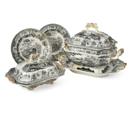 A Spode 'Aesop's Fables' dinner service, circa 1840,  printed in black, comprising a soup tureen, cover and stand, two vegeta
