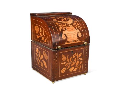 A Dutch floral marquetry inlaid decanter box, 19th century,  the cylinder hinged cover revealing a four-division green baize 