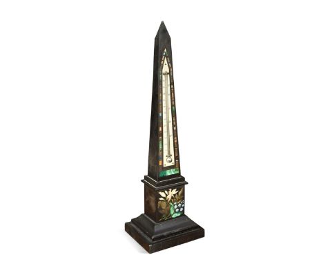 A black marble obelisk desk thermometer, Ashford, Derbyshire England, circa 1850, inlaid with hardstone specimens around the 