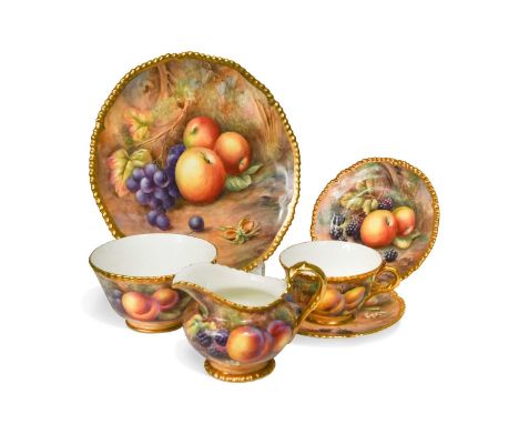 A Royal Worcester tea service, circa 1950,  painted by Horace Price with fruit on a mossy ground, comprising six cups and sau