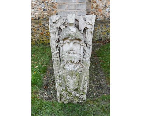 A composite relief of a classical warrior within a trophy of arms, the soldier with helmet and scaled chest plate between arr