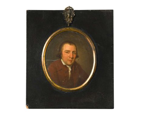 Circle of Ozias Humphry (1742-1810) Portrait of a gentleman, half length, in a maroon coatoil on copper9 x 7.5cmProvenance: H