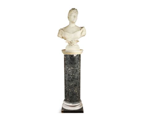 A Carrara marble bust of Lady Clarendon, 19th century,  modelled with shoulders draped above an angel playing a lute, 75cm hi