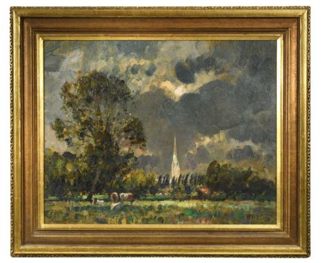 § Edward Seago RWS RBA (1910-1974)  'The Sunlit Spire', a view of Salisbury Cathedral signed lower left titled on handwritten