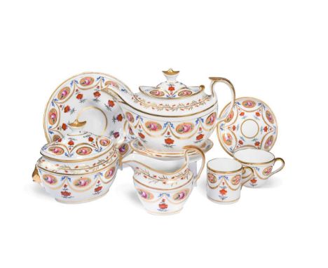A Coalport Anstice Horton and Rose tea and coffee service, circa 1810 – 20,   with some Spode replacements, painted with oval