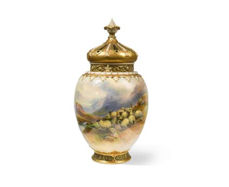 A large Royal Worcester pot-pourri vase, cover and liner painted by Harry Davis, circa 1912, of ovoid form, painted with a fl