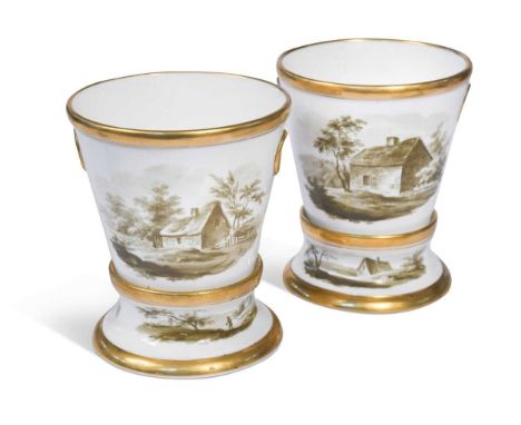 A pair of Spode jardinieres and stands, circa 1805,  painted en grisaille with rustic landscapes, gilt rims, fixed gilt ring 