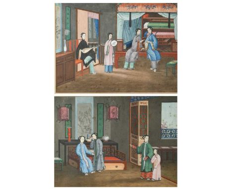 Chinese School, 19th century, two watercolours of Interiors,  one depicting four women in a bedroom interior, one playing a l