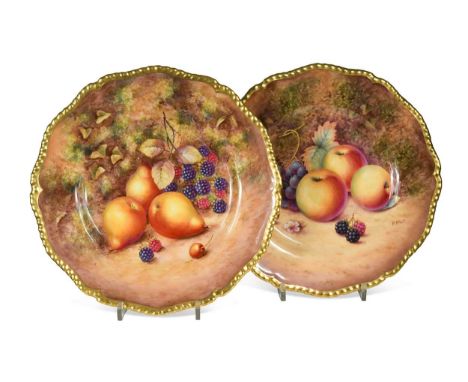 Two Royal Worcester fruit painted cabinet plates,  painted with fruit and berries on a mossy ground by P. Platt and Freeman 2
