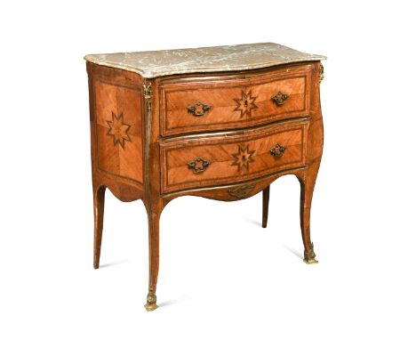 A Louis XV style kingwood commode with marble top (broken), 19th century, the serpentine shaped marble top over two long draw