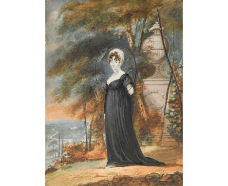 Attributed to Henry Edridge ARA (1768-1821) Portrait miniature of a lady, half length, in a black dress, enlarged to a full l