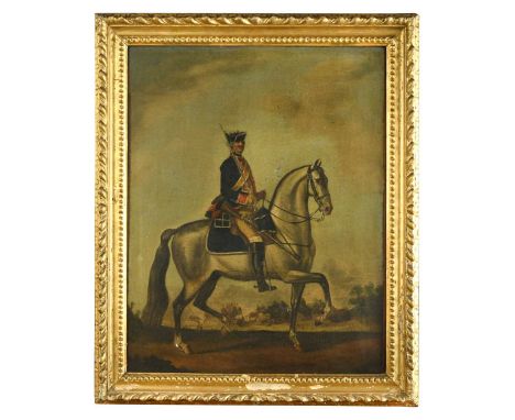Follower of David Morier  A trooper of Dragoons on horseback  oil on canvas 50 x 40cm  The trooper in the present painting is