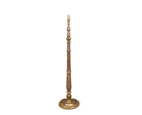 A Chinoiserie lacquer standard lamp, circa 1930, the turned column with raised gilt and gesso foliate decoration on an unusua