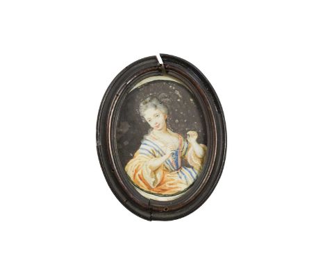 English School, circa 1750 Portrait miniature of a lady in striped dress, thought to be a member of the Orlebar familywaterco