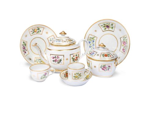 A Coalport John Rose tea and coffee service, circa 1800, painted with floral sprays within gilt rectangular panels divided by