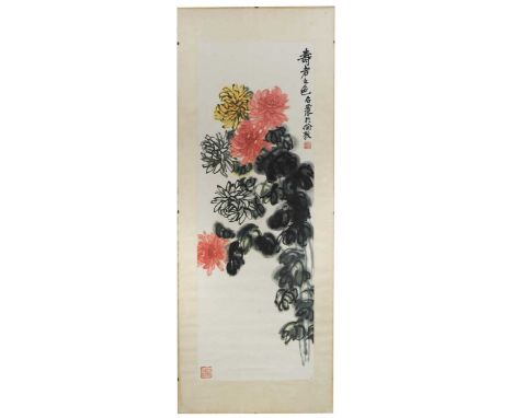 Fang Zhaoling (1914-2006) Chrysanthemums signed, two artist's seal marks in red, inscribed "The colour of the long-lived"wate