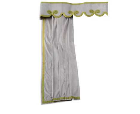 A pair of  “mouse’s back” silk velvet curtains and pelmet, made for Colefax and Fowler, circa 1971,  weighted, lined and inte