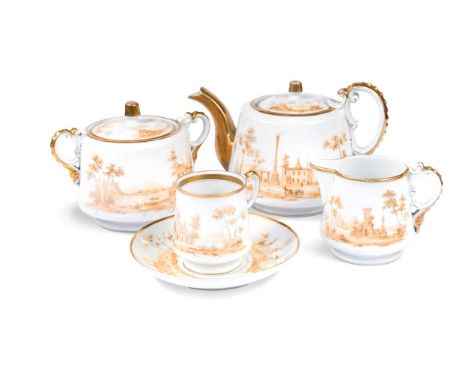 A Russian Gardner factory tea service, late 19th century, of tapering cylindrical form, painted in black sepia with rural lan