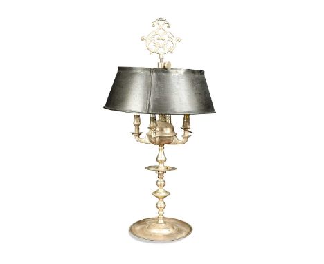A silvered lamp en bouillotte, 20th century, with black painted tole shade60cm highProvenance:Private collection, Launceston 