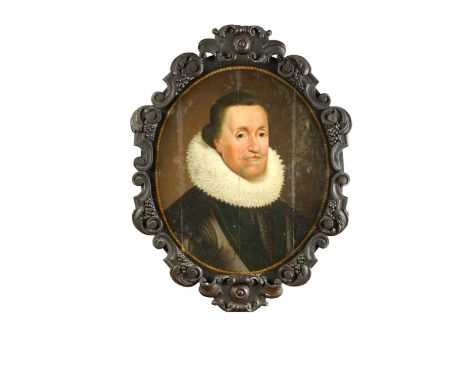 English School, 17th century Portrait of King James I of England and VI of Scotland (1566-1625)oil on panel, oval, in a carve