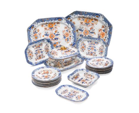 A Spode stone china dinner service, circa 1820,   printed in underglaze blue and highlighted in iron red and gilt with a cent