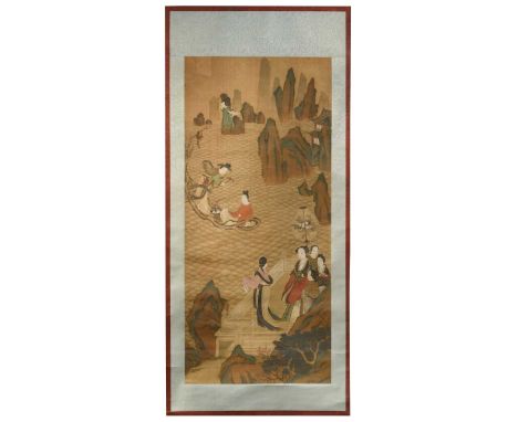 A Chinese scroll painting on silk, probably late Qing Dynasty, depicting seven maidens, four on a veranda overlooking a lake 