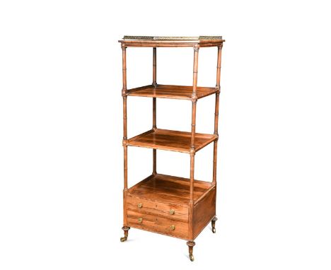 A rosewood four tier whatnot, early 19th century, the top tier with three-quarter pierced gallery raised in ring turned suppo