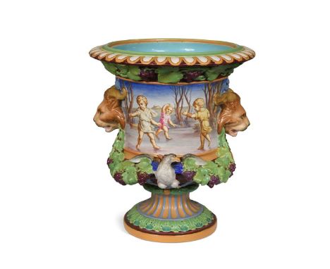 A Minton majolica two-handled jardinière, circa 1856 designed by Pierre Emile Jeannest and painted by Thomas Kirkby with play