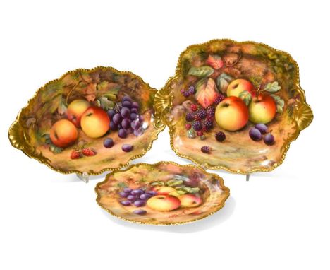 A Royal Worcester dessert service, circa 1932,  painted by Thomas Lockyer with fruit on a mossy ground, comprising a shaped s