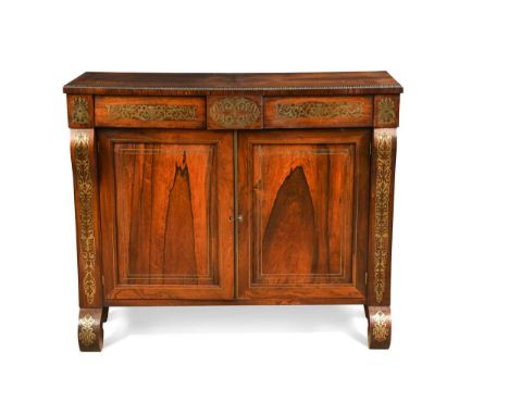 A Regency brass inlaid rosewood side cabinet, the rectangular top with beaded edge over pair of cupboard doors91.5 x 109 x 38