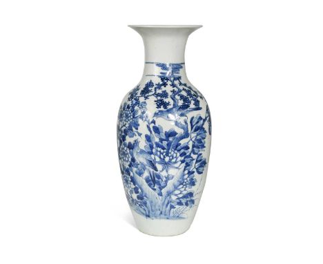 A Chinese blue and white export porcelain ovoid vase, late Qing Dynasty circa 1900, painted with two songbirds amongst flower