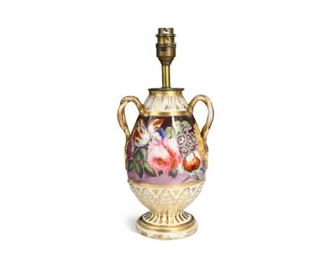A Coalport two-handled vase, 19th century, now converted to a lamp, painted with a broad band of flowers, within moulded foli