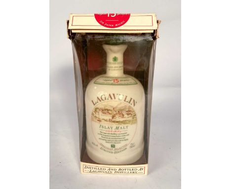 Lagavulin 15 year old Islay Malt Whisky, in ceramic jug decanter, limited edition, 45%, boxed, probably 1980sThe box is in po