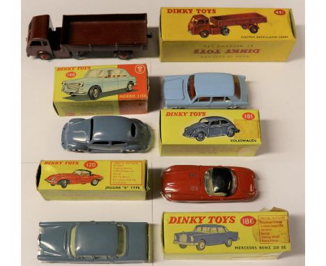 5 Dinky Toys. Jaguar 'E' Type. (120). In red with cream seats and black plastic roof. Morris 1100 (140) in light blue with re