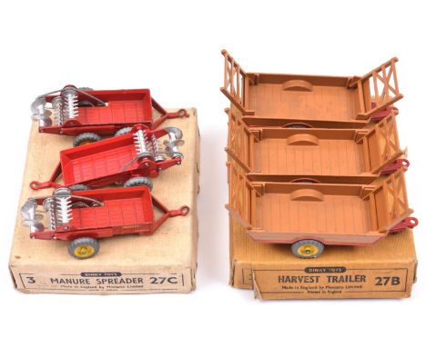 2 Dinky Toys Trade Boxes. (27B) Harvest Trailer 3-item box containing 3 Harvest Trailers in tan with red chassis and yellow w