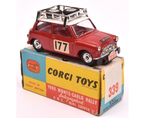 Corgi Toys 1967 Monte-Carlo WINNER B.M.C. Mini-Copper 'S' (339). In red with white roof with rack and spare wheels, RN177, re